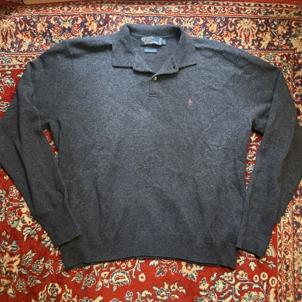 VTG POLO RALPH LAUREN 100% LAMBSWOOL COLLARED PULLOVER NAVY SWEATER XL